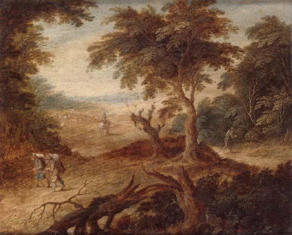 unknow artist A wooded landscape with travellers and a horseman on a track